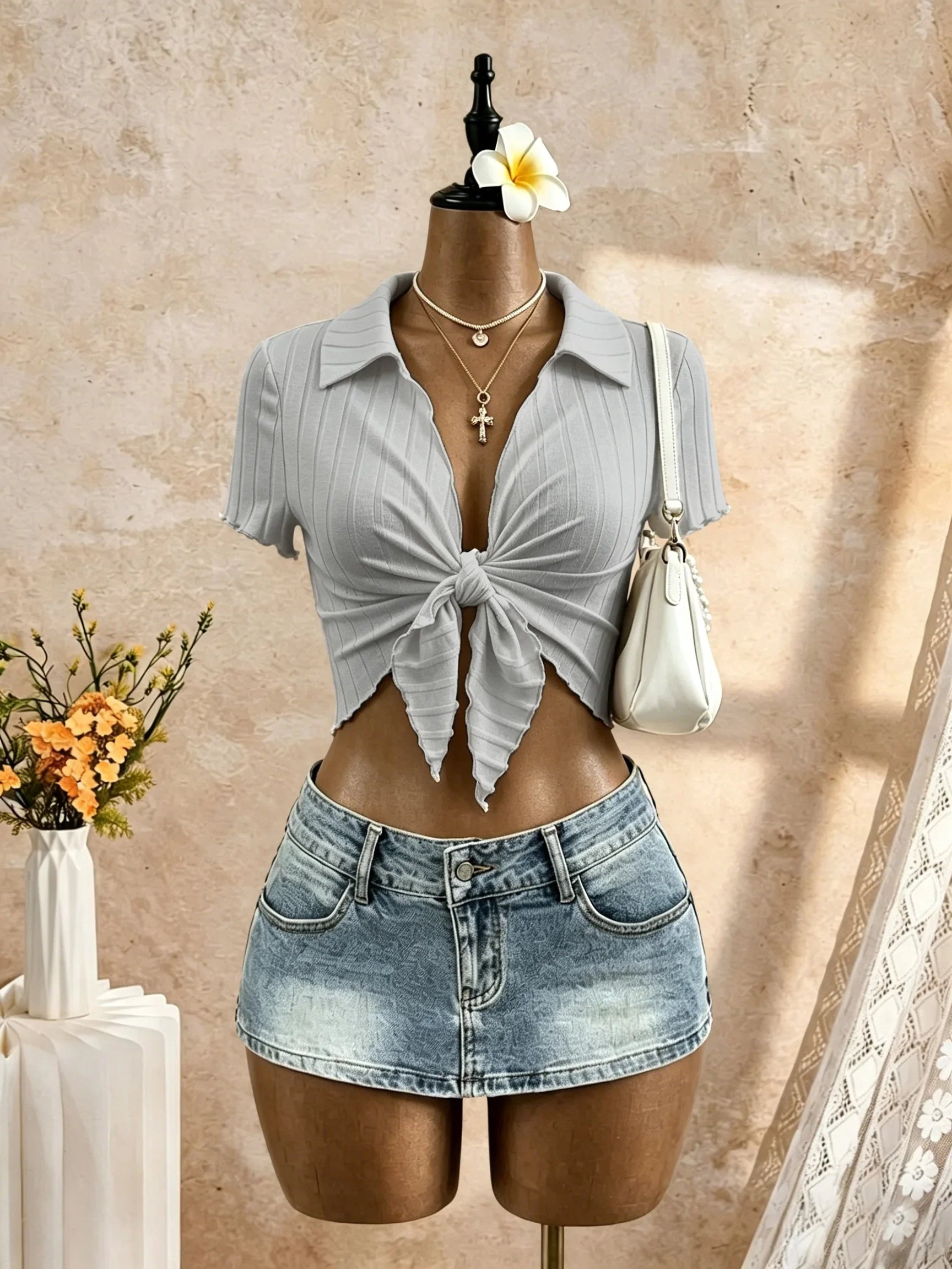 Polo Collar Front Tie Knot Short Sleeve Crop Top