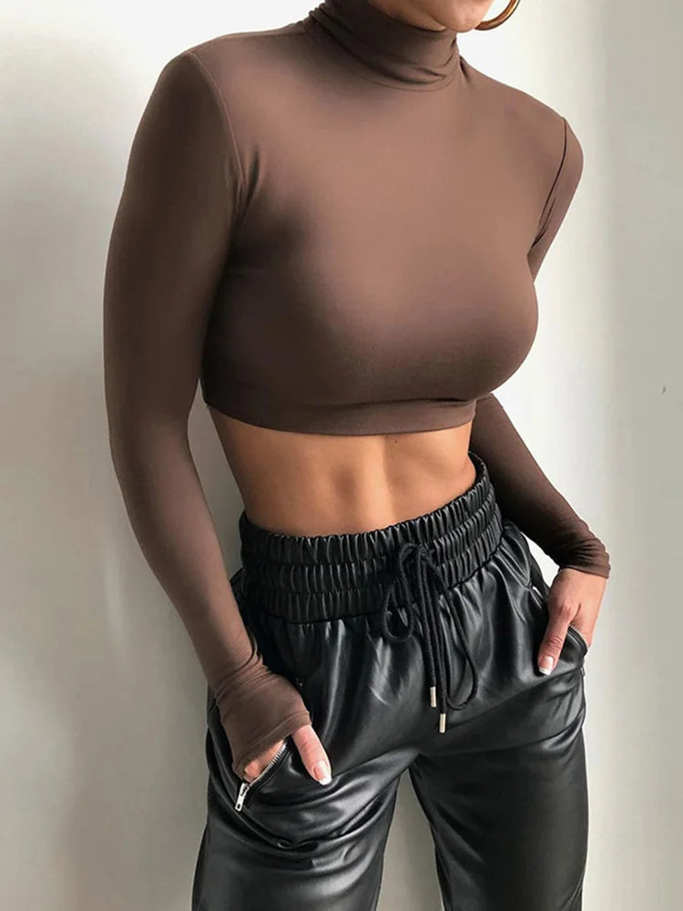 Basic Sheath Solid Turtleneck Tshirt Autumn Stretch Casual Undershirt Female All-match Street Activity Crop Tops