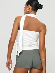 Solid Color Halter Neck Tie Detail Sleeveless Top