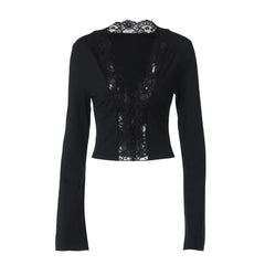 Sexy Lace Panel V Neck Crop Top