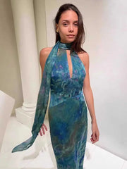 Sexy Print Halter Long Dress