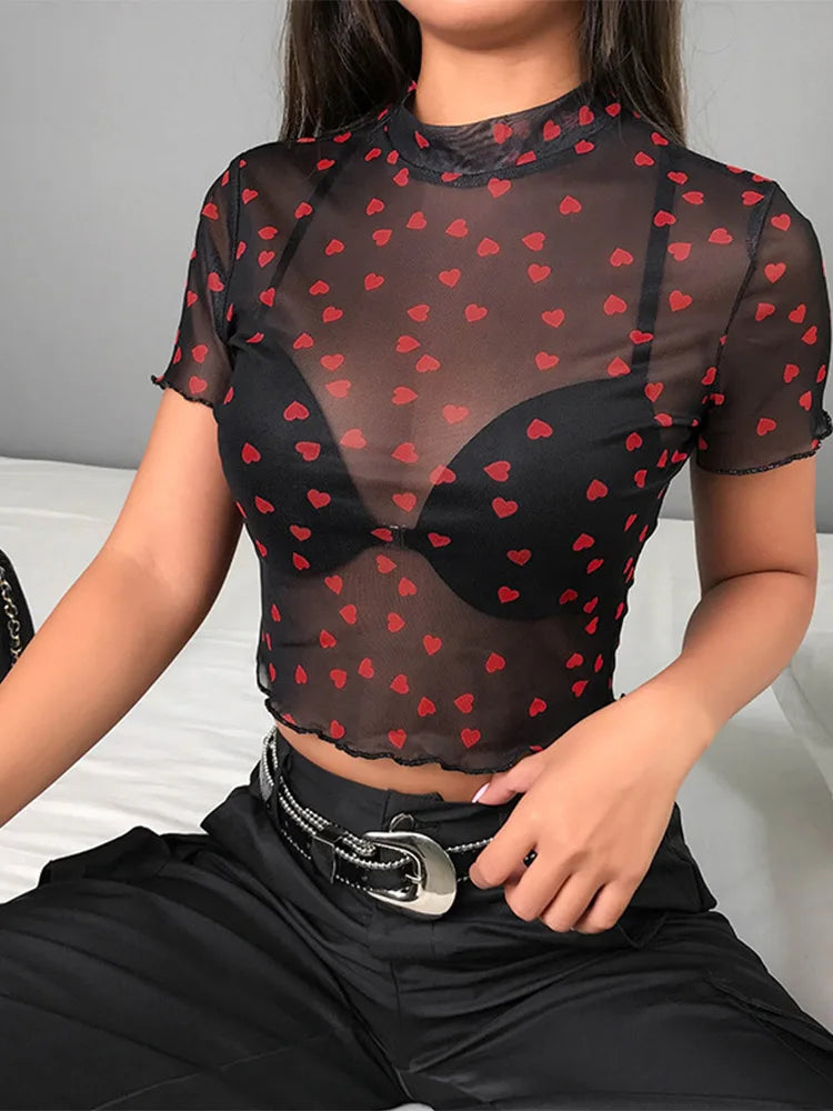 Hot Mesh Heart Turtleneck T Shirts Tops