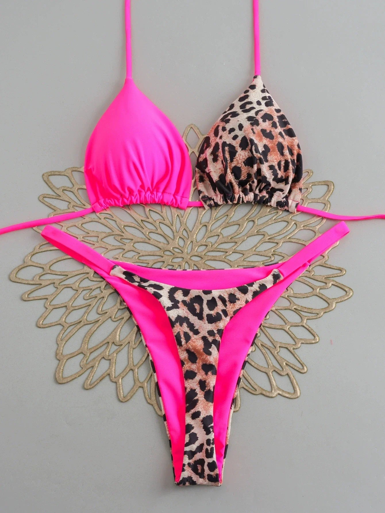 Sexy Hot Pink Leopard Print Patchwork Micro Bikini