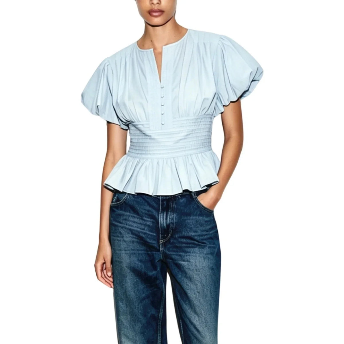 Solid Color Short Bubble Sleeve Smocked Waist Crop Top