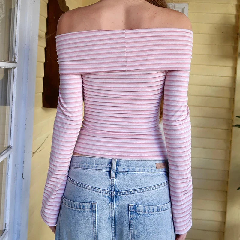 Stripe Off Shoulder Crop Top