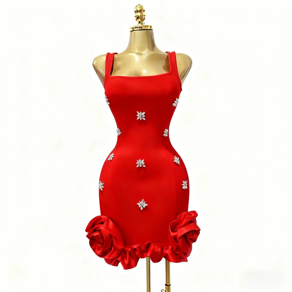 Sexy 3D Floral Bodycon Rhinestone Mini Dress