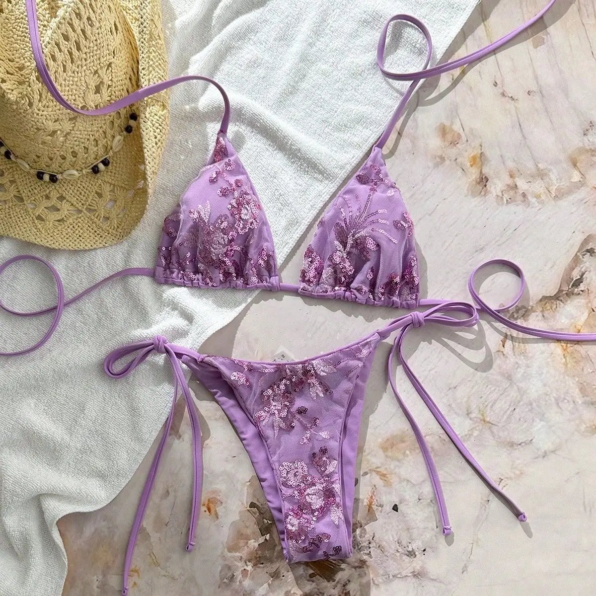 Sexy Purple Floral Embroidery Bikini Set