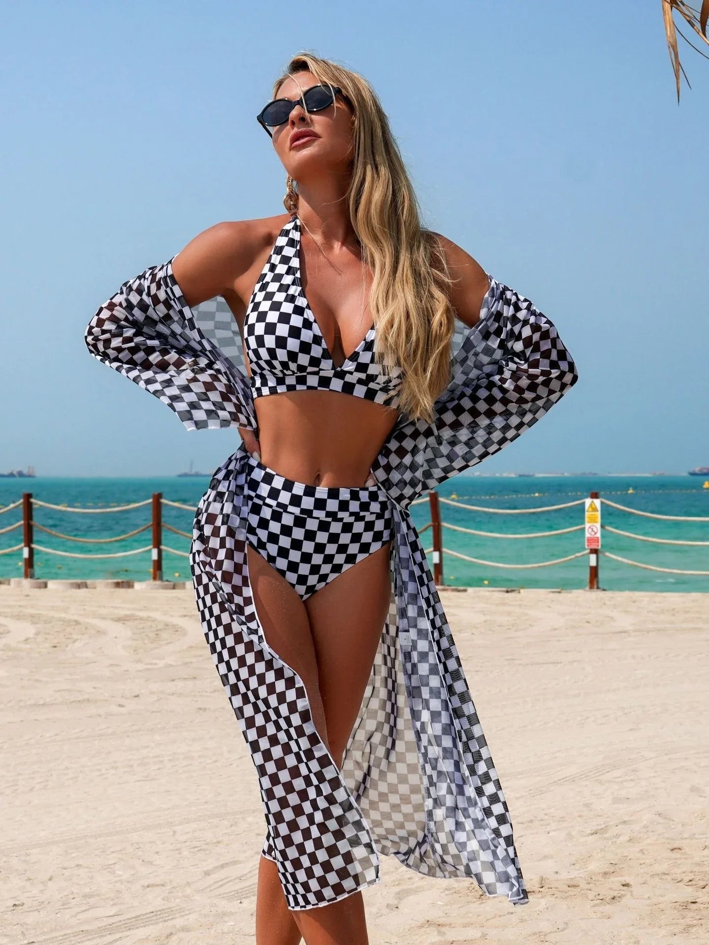 Vintage Black Plaid Print Long Sleeve Cover Up Bikini Set