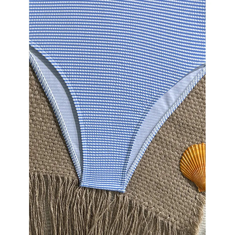Vintage Sky Blue Striped One Piece Swimsuit