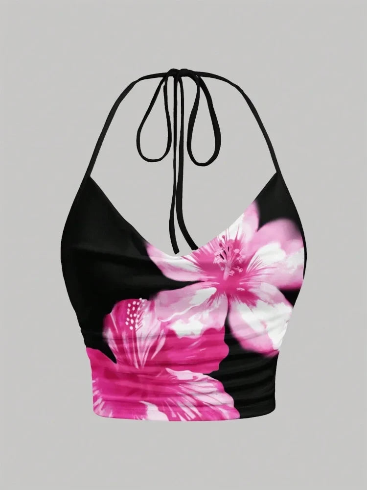 Tie-dye Floral Print Halter Top