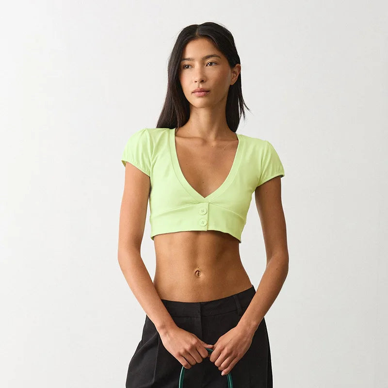 Solid V Neck Button Front Crop Top