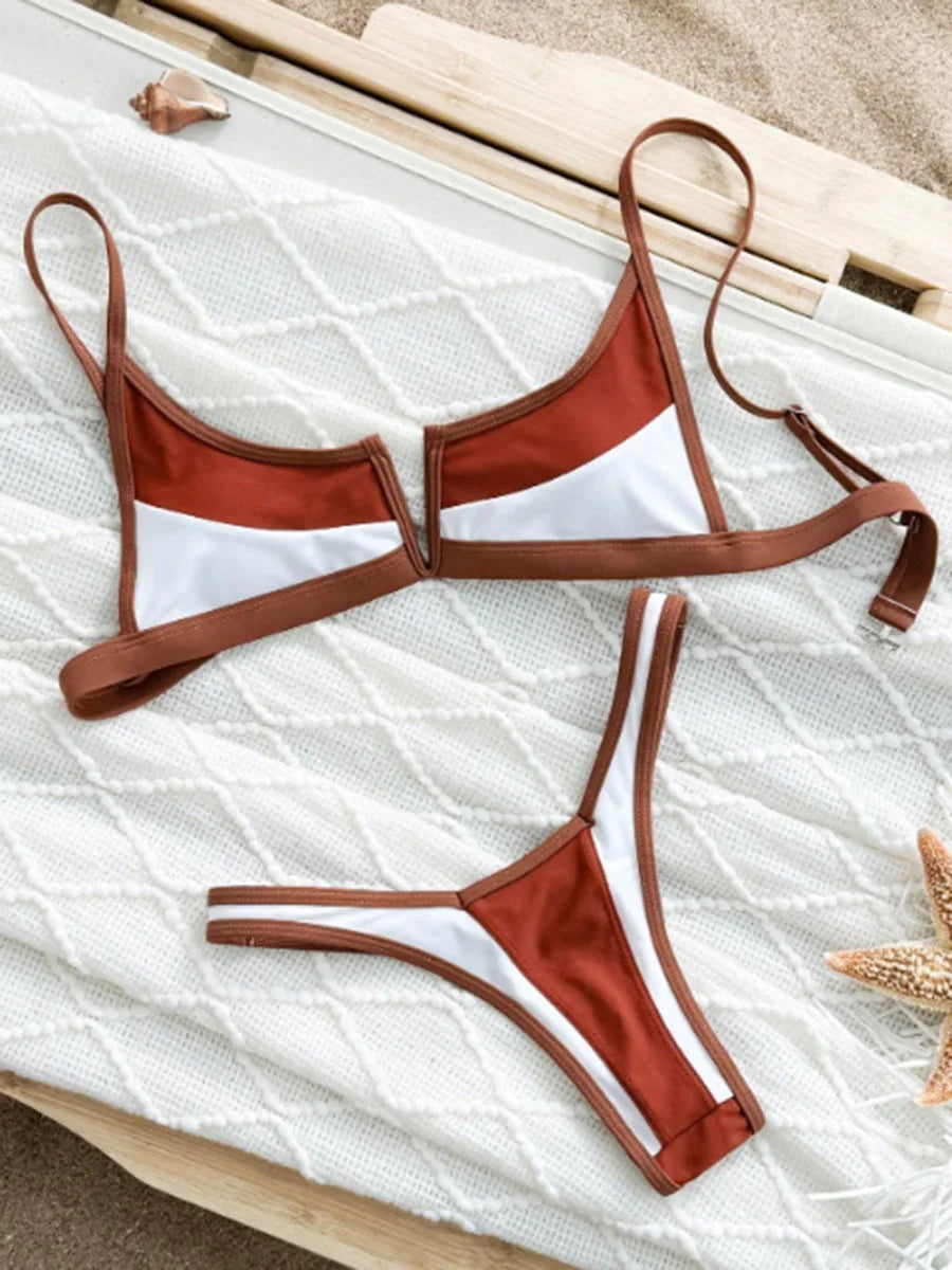 Splicing Denim V Shaped Thong Bikini