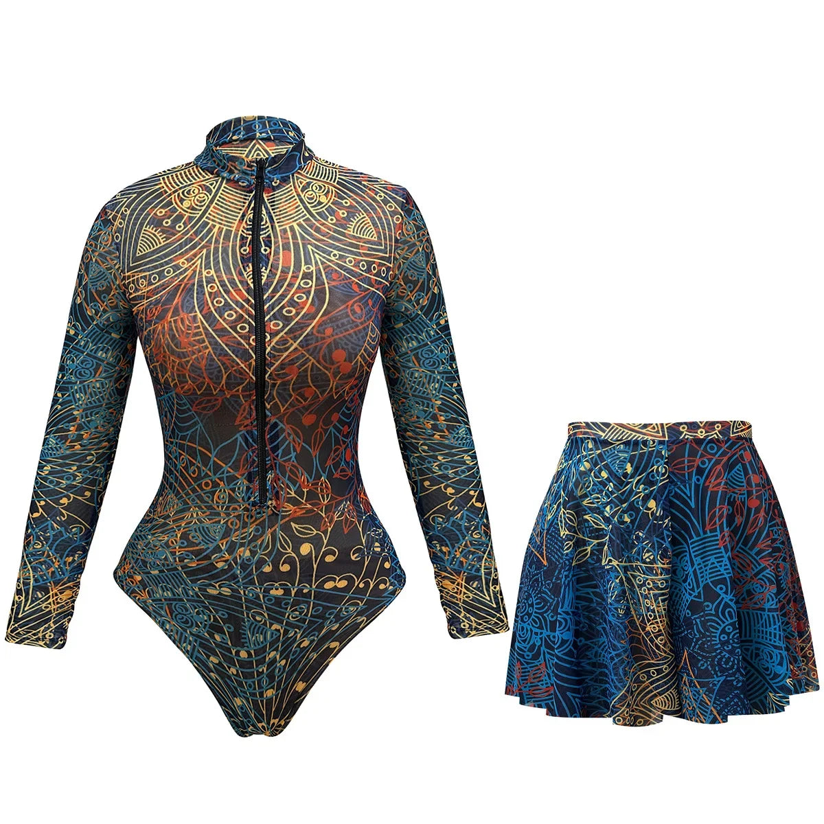 Vintage Leaves Print SPF Sunscreen Pants Swimwear Sets Women Long Sleeve Zipper Bathing Suit Sun Protect One Piece Swimsuit
