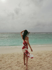 White Red Hibiscus Floral Print Spaghetti Strap Midi Dress