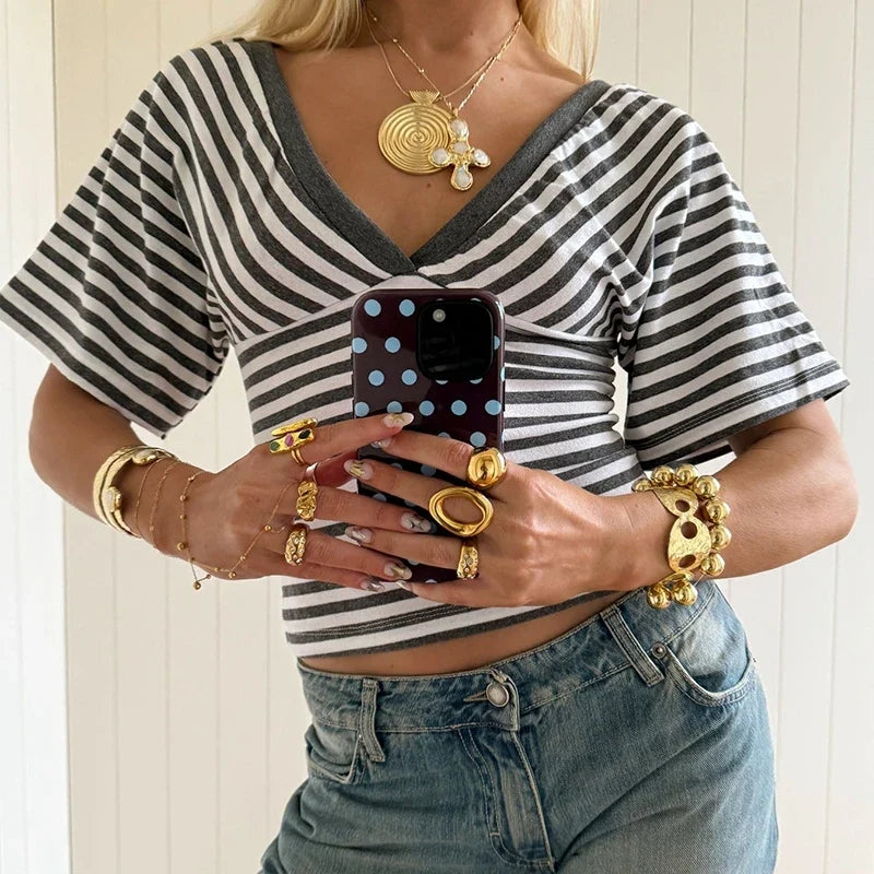 Y2K Striped Cinched Waist Crop Tops