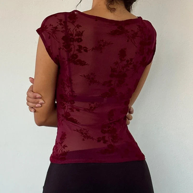 Graphic Print Coquette Mesh Sheer Crop Tops