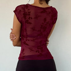 Graphic Print Coquette Mesh Sheer Crop Tops