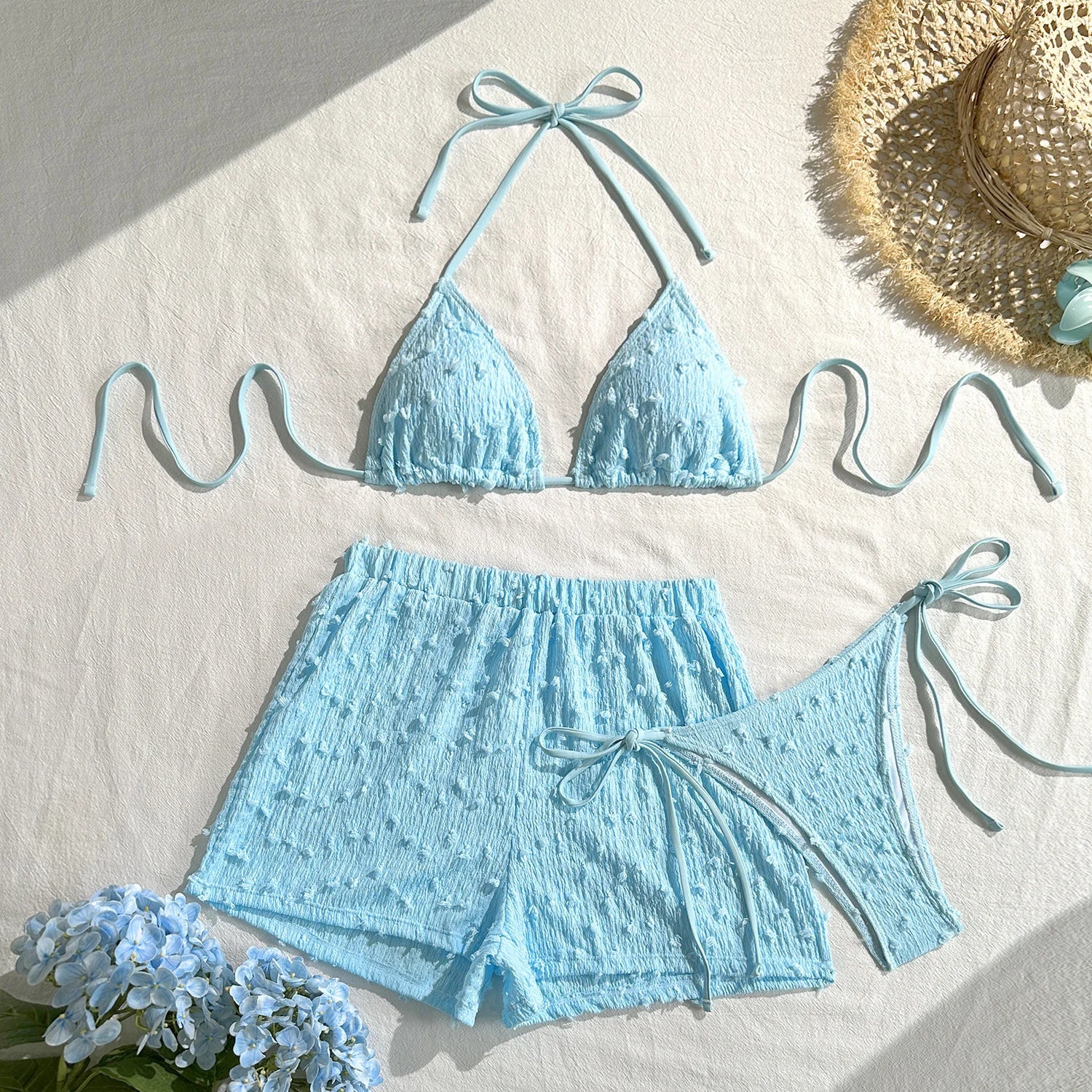 Sky Blue High Waist Panties 3 Piece Bikini Set