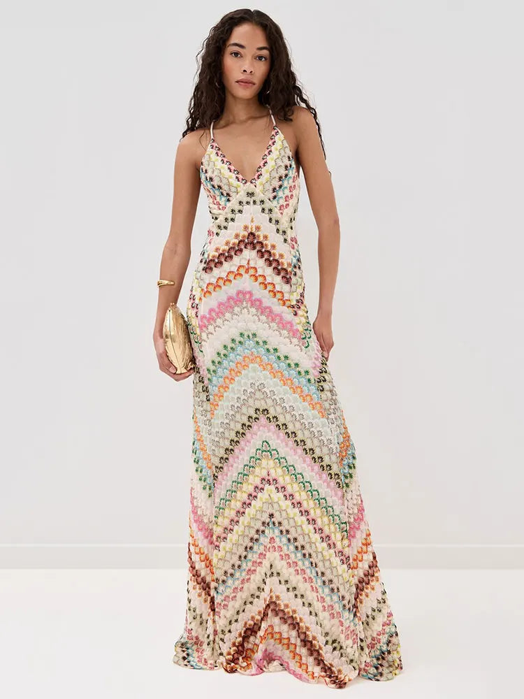Sexy Print V Neck Halter Maxi Dress