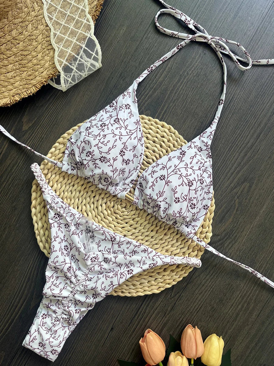 Leopard Halter Scrunch Butt Mini Micro Thong Bikini