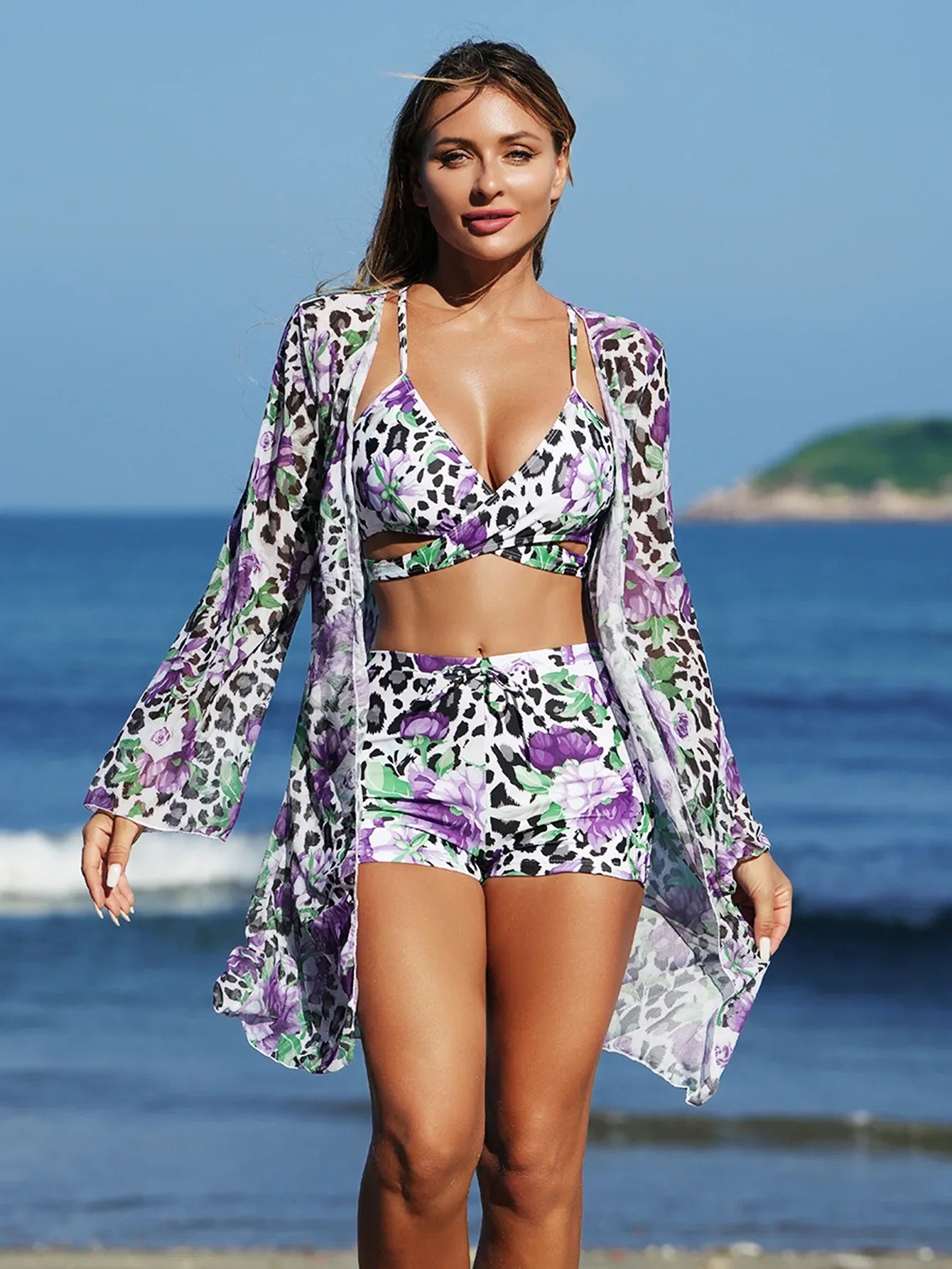 Vintage Long Sleeve Cover Up 3 Piece Bikini Set