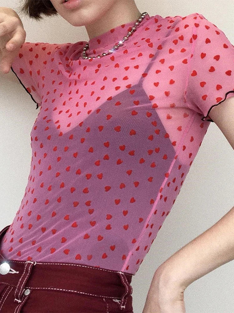 Hot Mesh Heart Turtleneck T Shirts Tops