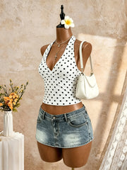 Halter V Neck Polka Dot Print Crop Cami Top