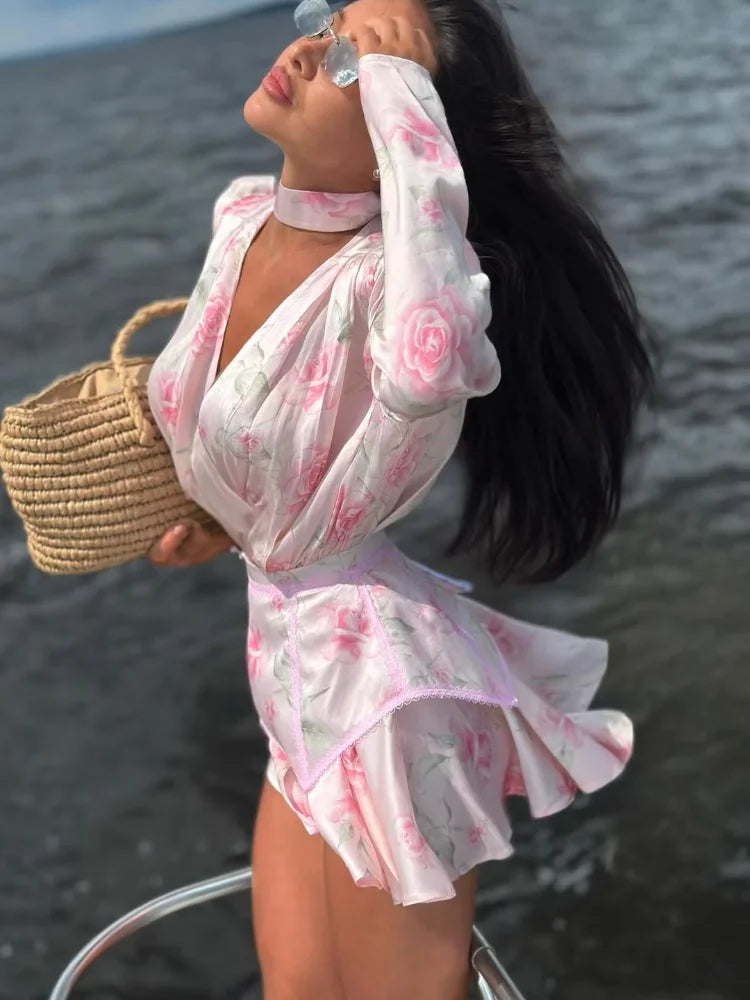 Sexy Pink Printed Satin Mini Dress