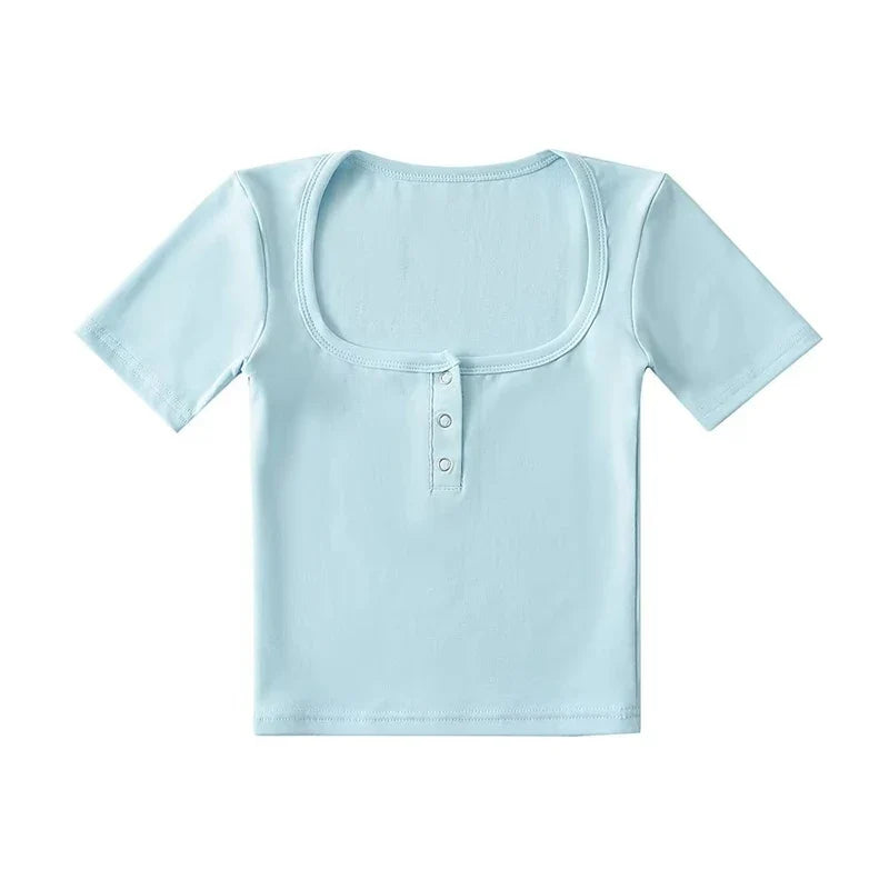 Button Front Short Sleeved Crop T-shirt