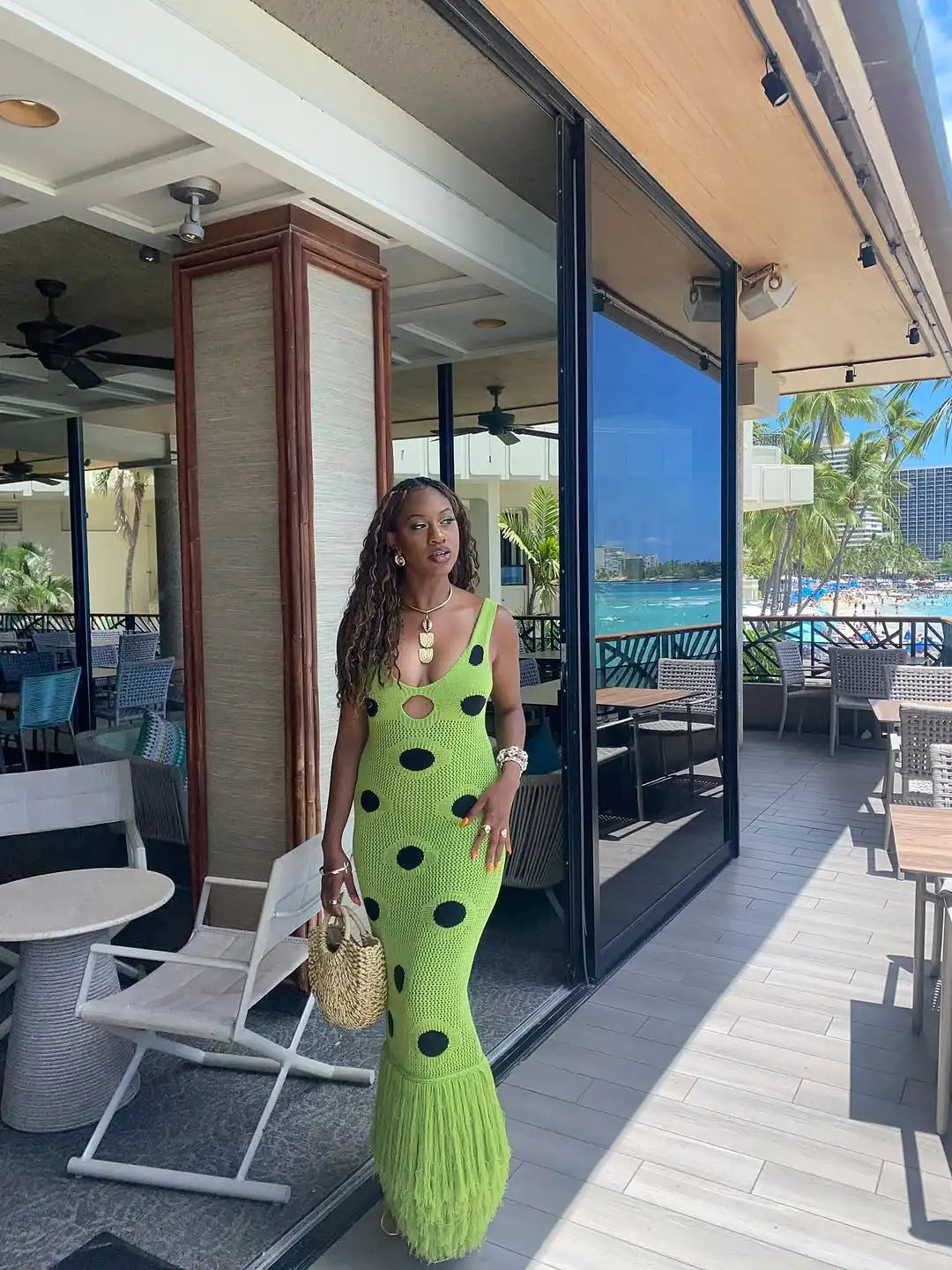 Green Hollow Knitted Tassel Dress