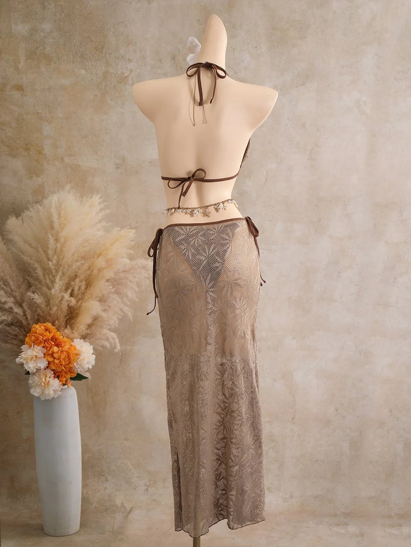 Vintage Coffee Leaves Print Mesh Skirt 3 Piece Bikini Set