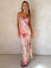 Print Lace Splicing Long Dress