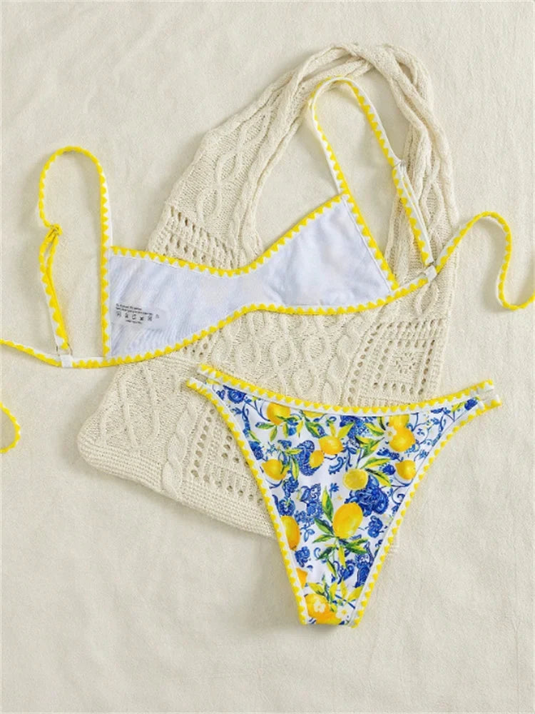 Sexy Yellow Fruit Print Micro Bikini Set