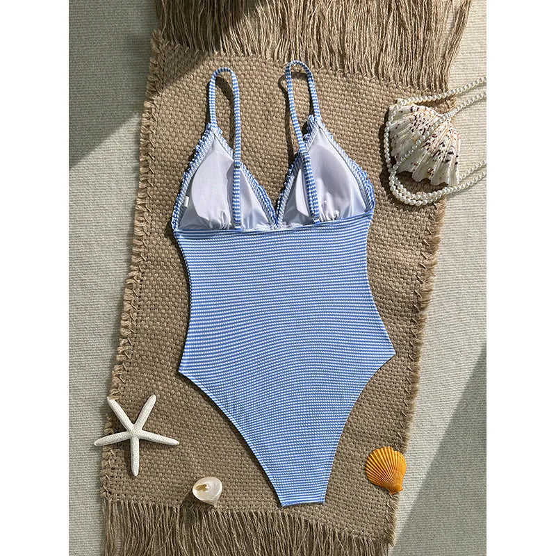 Vintage Sky Blue Striped One Piece Swimsuit