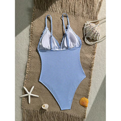 Vintage Sky Blue Striped One Piece Swimsuit