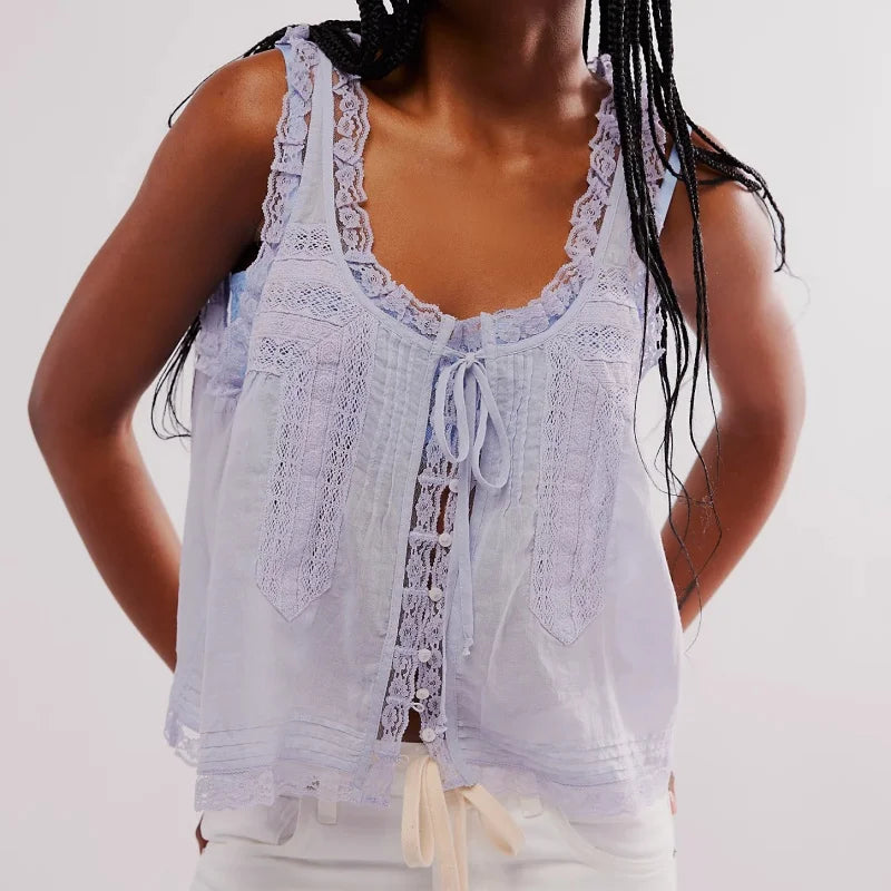 Y2K Button-up Lace Trim Patchwork Cami Tops