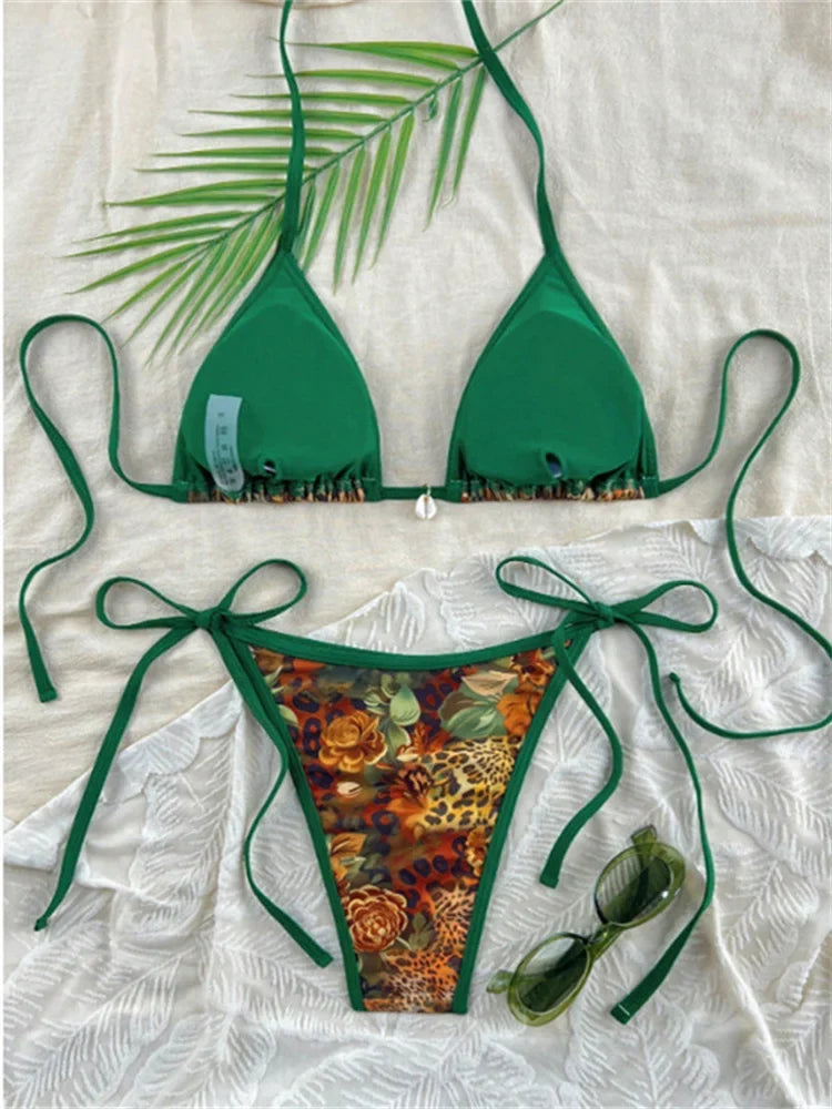 Sexy Green Tiger Print Patchwork Micro Bikini