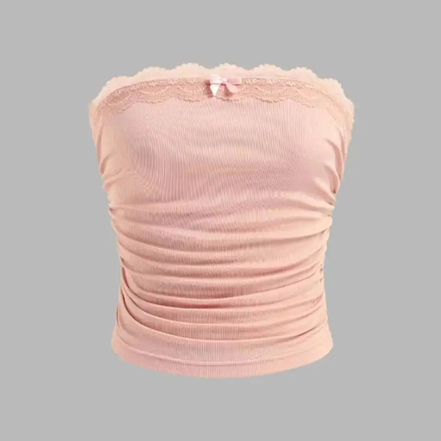 Sweet Pink Lace Trim Bow Strapless Tube Top