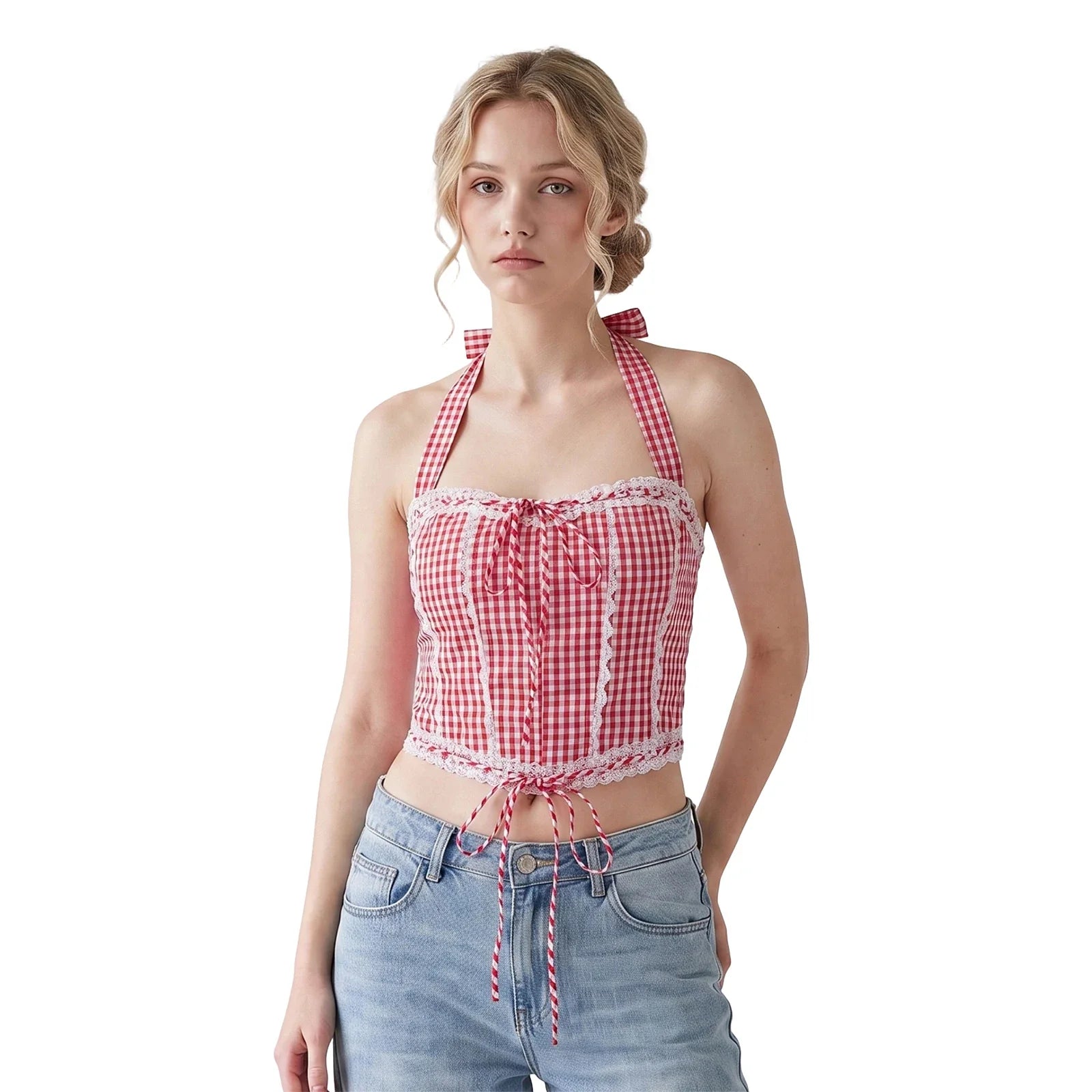 Drawstring Bandage Camisoles Lace Trim Tank Tops