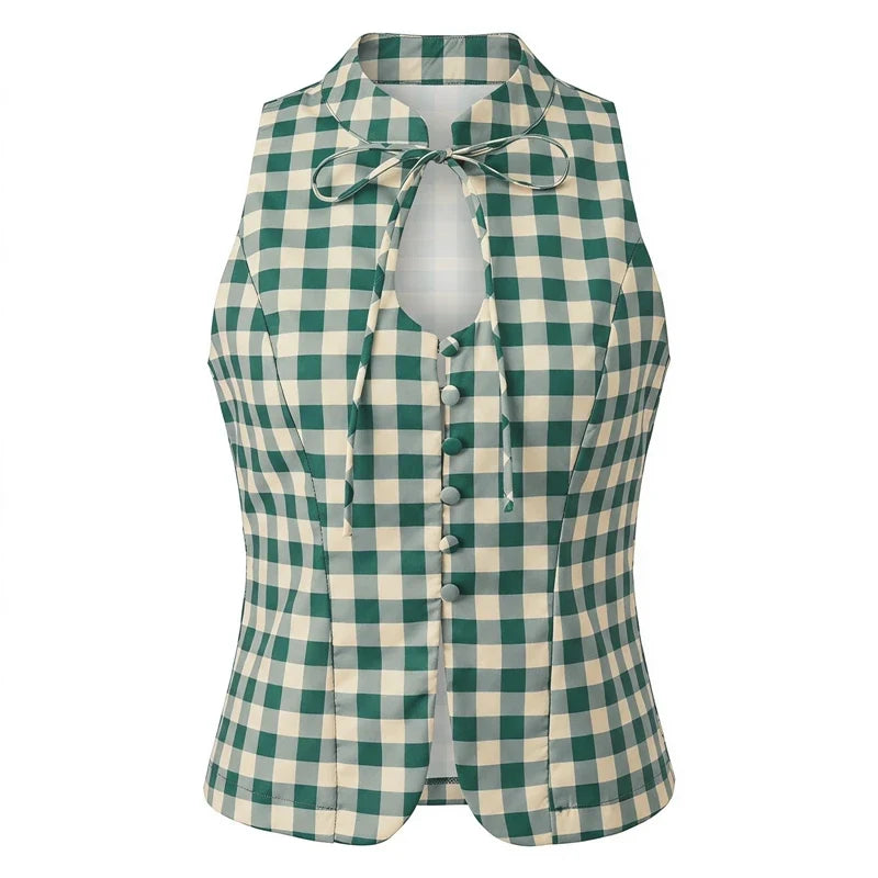 Polka Dot/Plaid Mandarin Collar Sleeveless Crop Top