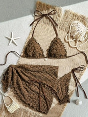 Sexy Yellow Coffee Mesh Skirt 3 Piece Bikini Set