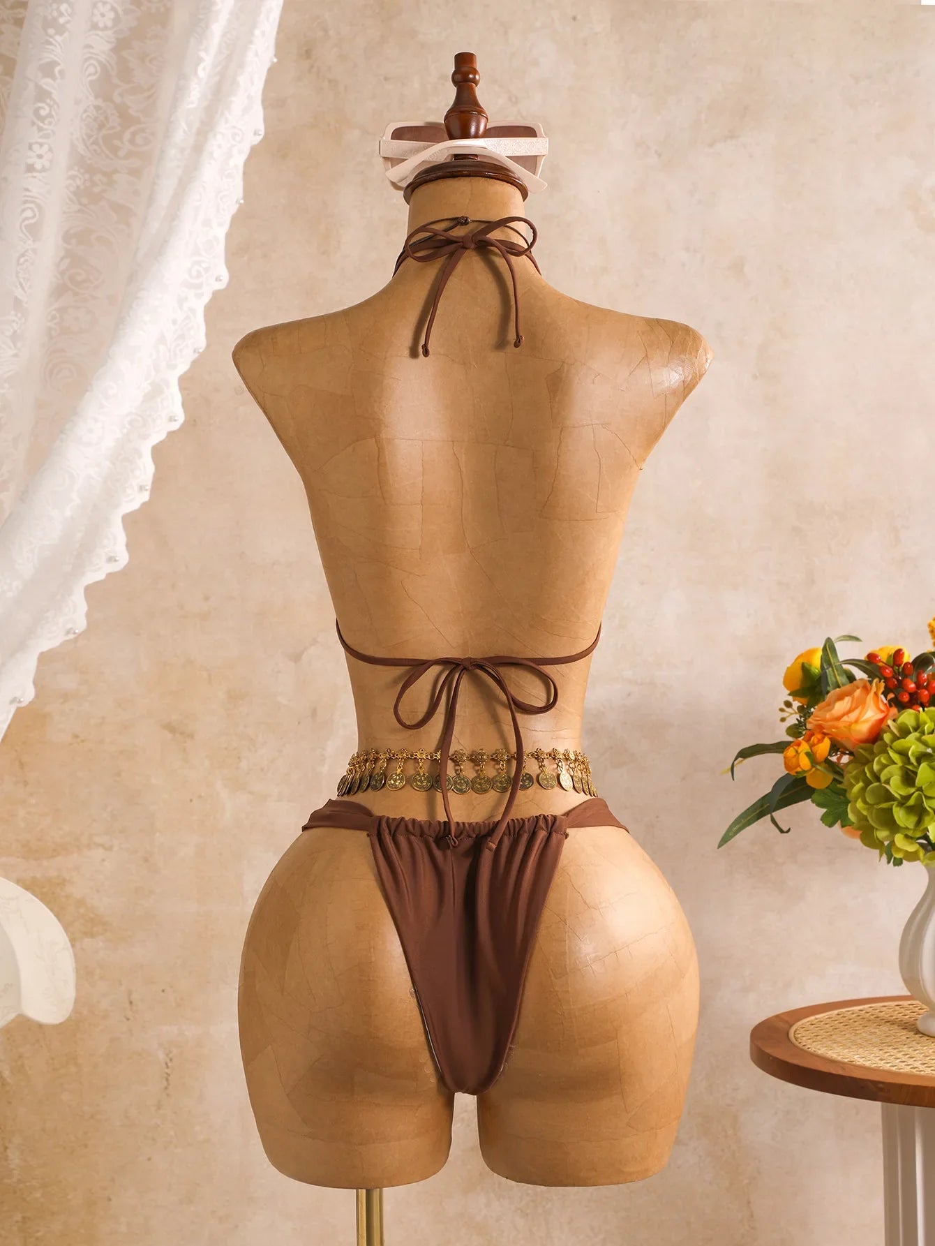 Sexy Coffee Mesh Long Sleeve Cover Up 3 Piece Swimsuit