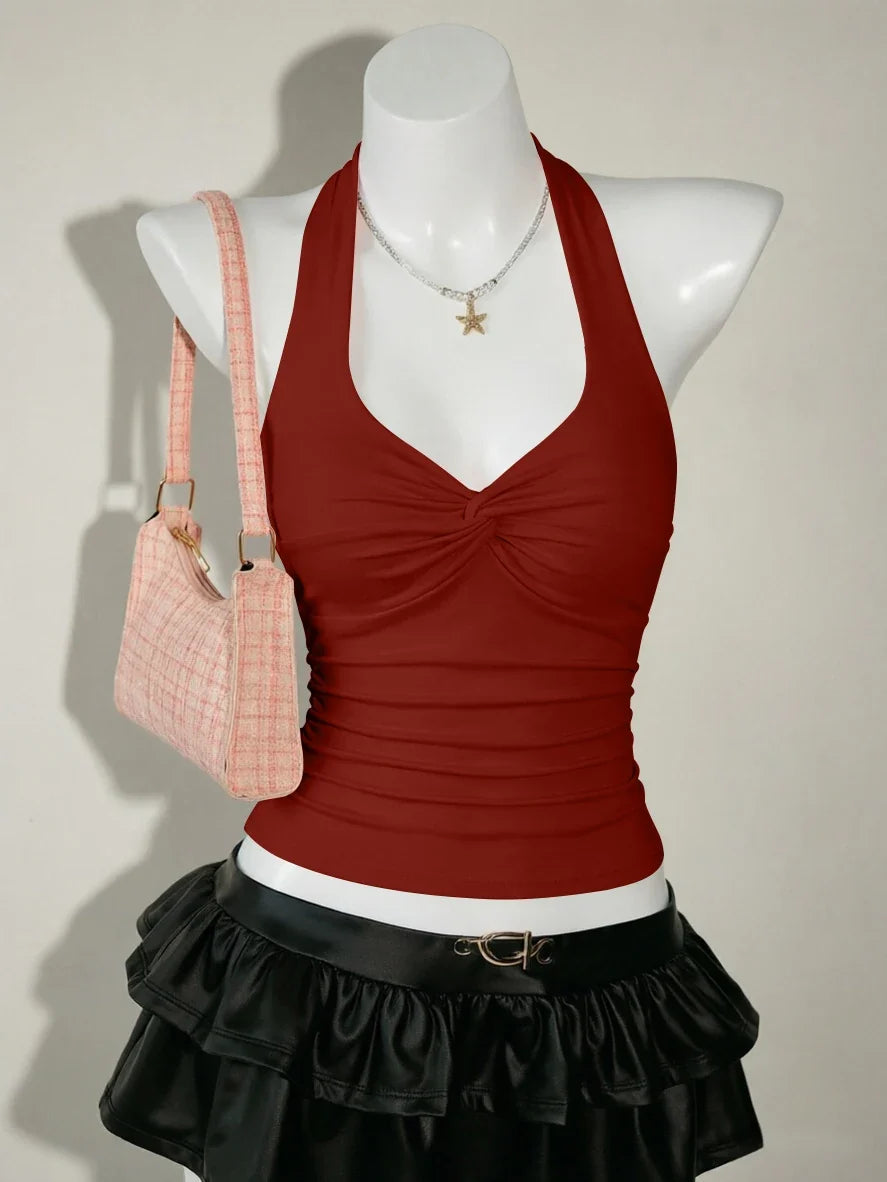 Halter Deep V Neck Front Twist Ruched Slim Fit Cropped Cami Top