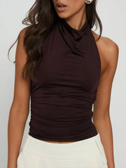 Halter Neck Draped Neck Fitted Pleated Crop Top