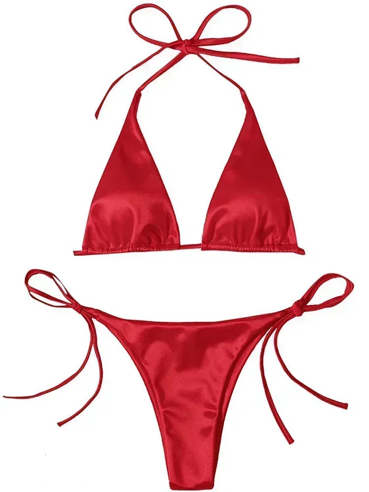 Wrap Around Halter Metallic Satin Bikini