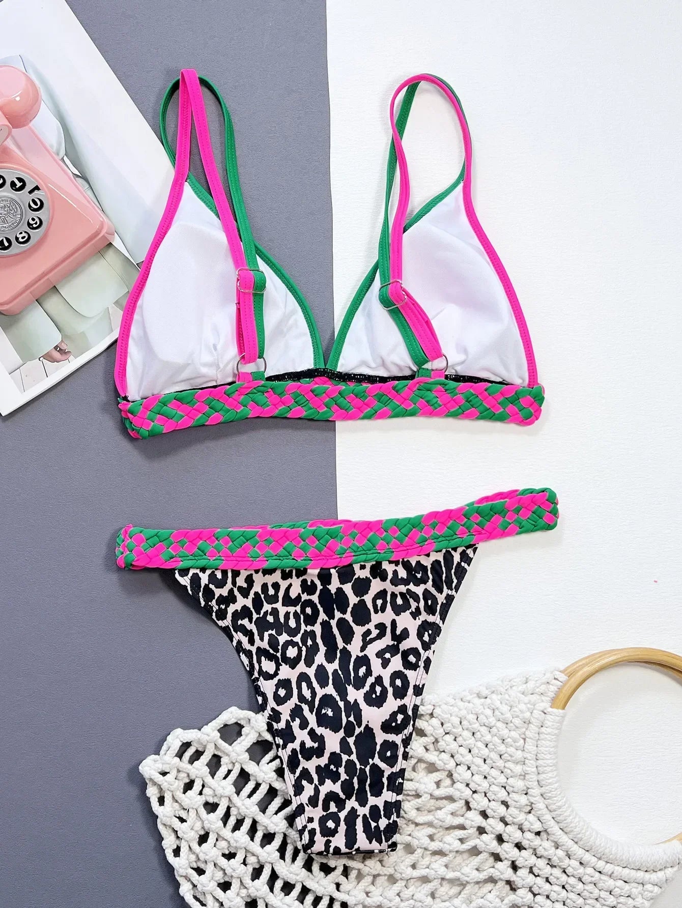 Sexy Black Leopard Print Patchwork Bikini Set