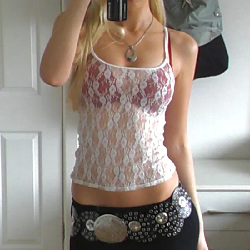 Floral Lace Mesh Sheer Camis 90s Vintage Spaghetti Strap Top