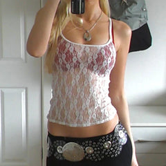 Floral Lace Mesh Sheer Camis 90s Vintage Spaghetti Strap Top