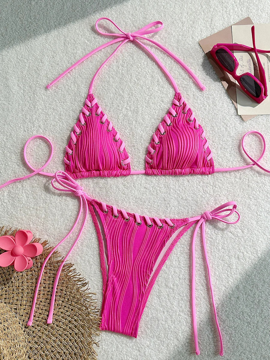 Halter Wrinkled Weaved Bikini