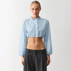 Autumn New Versatile Commuter Pullover Blouse Ruffle Trim Button Short Top